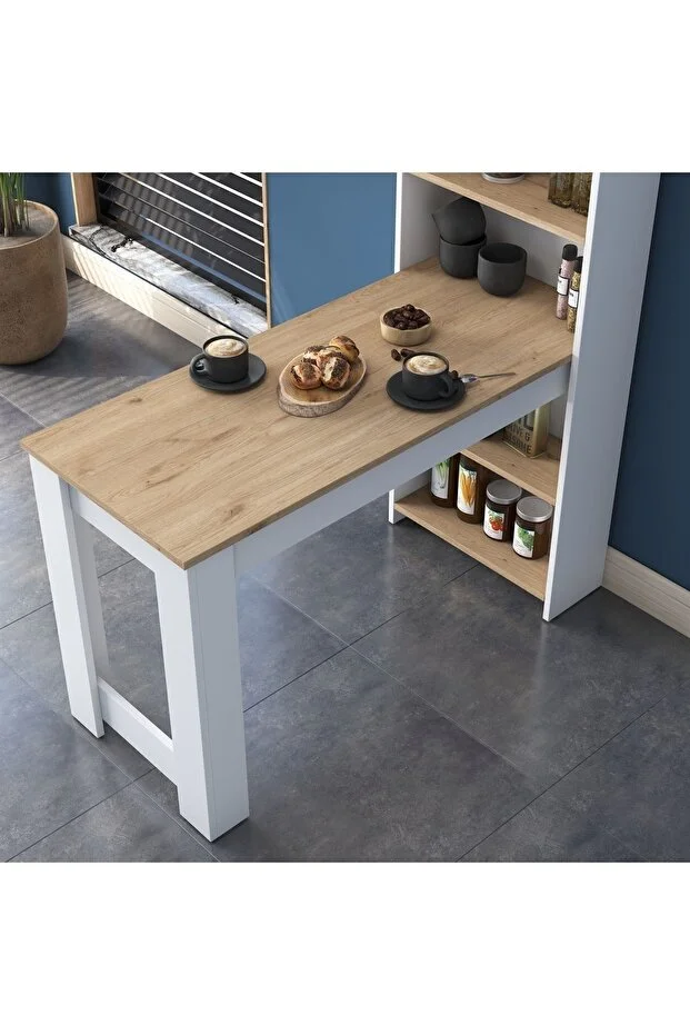 Rani Ja102 Masa Raflı Dekoratif Mutfak Yemek Masası Sepet Ceviz - Beyaz